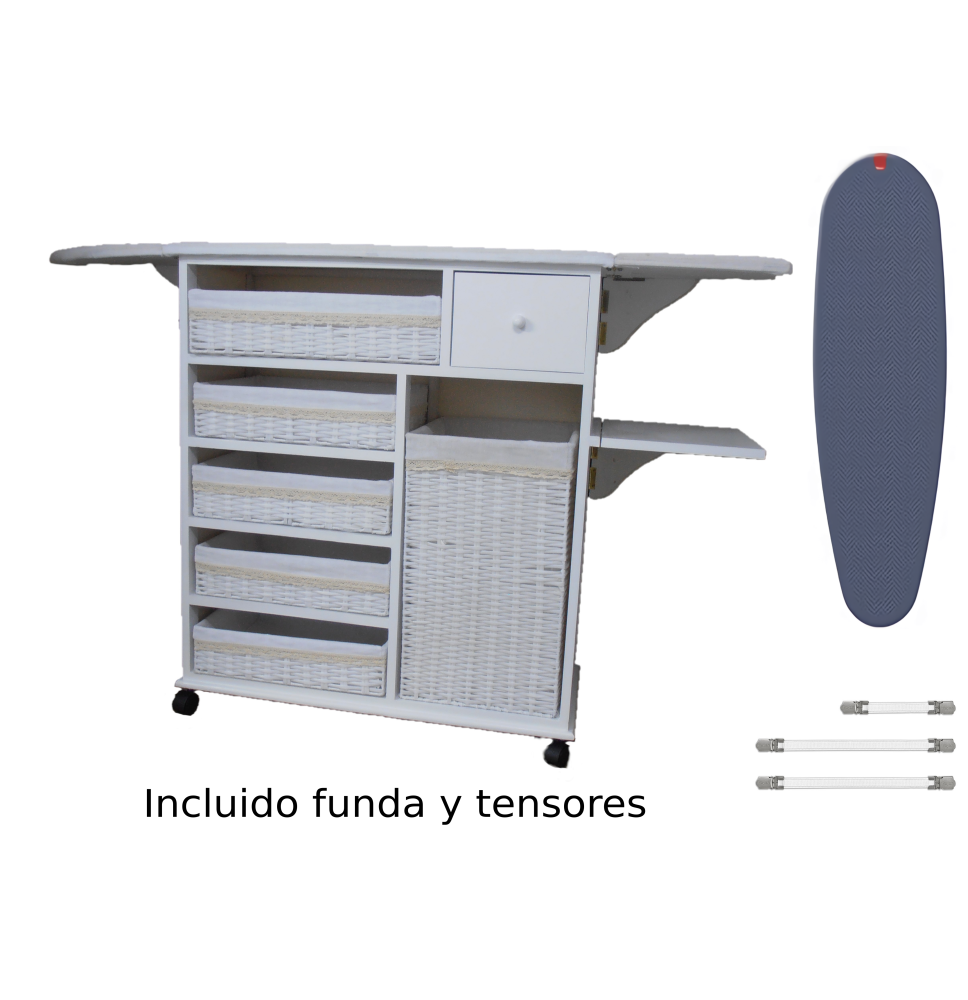 Mueble de plancha Estoril blanco 5 bandejas y cesto grande para ropa + funda y tensores