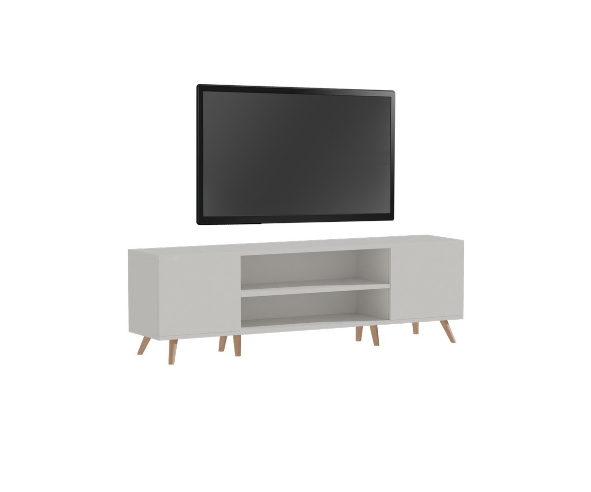 Mueble TV con Patas de Madera y 2 Amplios Cajones - Melamina Blanco - Madera 150x32x46 cm - Moderno y Espacioso.